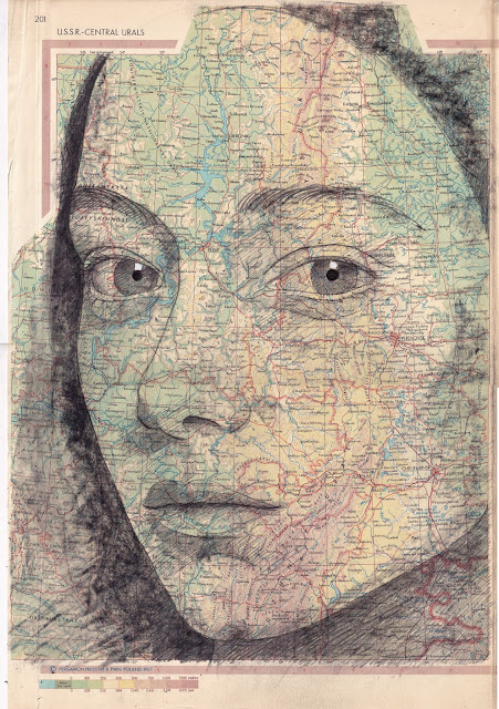 Tiêu đề: María, 2019 Kỹ thuật: vẽ, mực Trung Quốc. Supp ort: giấy. bản đồ của Thế giới Pergamon . Ed. 1968. Litva. Các biện pháp tại chỗ: 40 x 27 cm Số đo khung: 50 x 61 Đóng khung € 220 Không đóng khung € 180