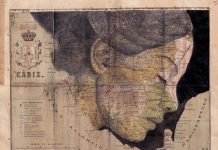 Tiêu đề: Cádiz, 2019. Kỹ thuật: vẽ, mực Trung Quốc. Hỗ trợ: giấy. bản đồ khu vực La España Benito Chias Ed. 1910. Litva. Các biện pháp tại chỗ: 38 x 49 cm Đóng khung € 250