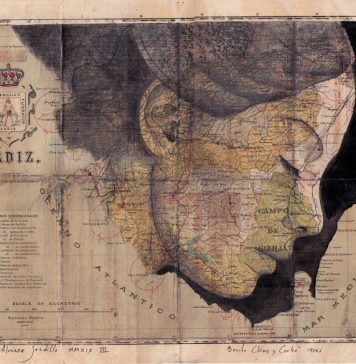 Tiêu đề: Cádiz, 2019. Kỹ thuật: vẽ, mực Trung Quốc. Hỗ trợ: giấy. bản đồ khu vực La España Benito Chias Ed. 1910. Litva. Các biện pháp tại chỗ: 38 x 49 cm Đóng khung € 250