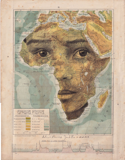Tiêu đề: Châu Phi vật lý, 2019 Kỹ thuật: bút chì béo. Hỗ trợ: giấy. bản đồ của Atlas Salinas phiên bản hai mươi đầu in offset. Ed 1946 Các biện pháp: 40 x 50 cm Các biện pháp đóng khung: 46 x 55 cm Đóng khung € 175
