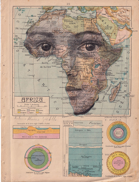 Tiêu đề: Châu Phi, 2019 Kỹ thuật: bút chì béo. Hỗ trợ: giấy. bản đồ của Atlas Salinas phiên bản hai mươi đầu in offset. Ed 1946 Các biện pháp: 40 x 50 cm Các biện pháp đóng khung: 46 x 55 cm Đóng khung € 175